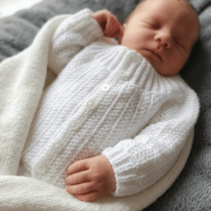 Nouveau né portant une brassière blanche crochetée à la main